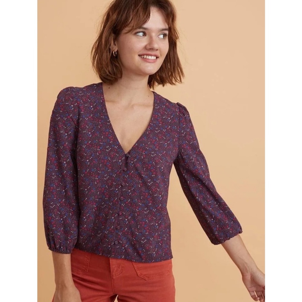 Marine Layer Womens Stacy Button Front Floral Blouse‎ L Purple Ditsy Peasant